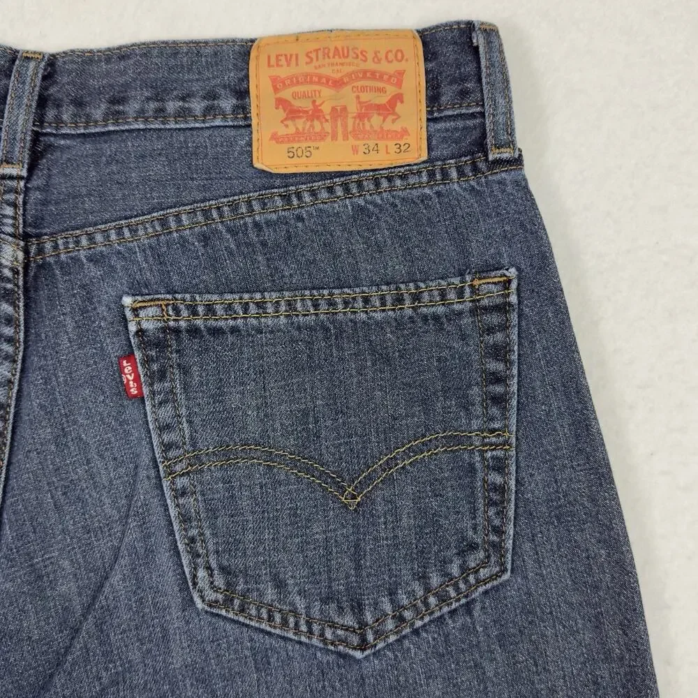 Levis 505 Jeans Mens 34x32 Blue Regular Fit Medium Wash Denim Stretch
